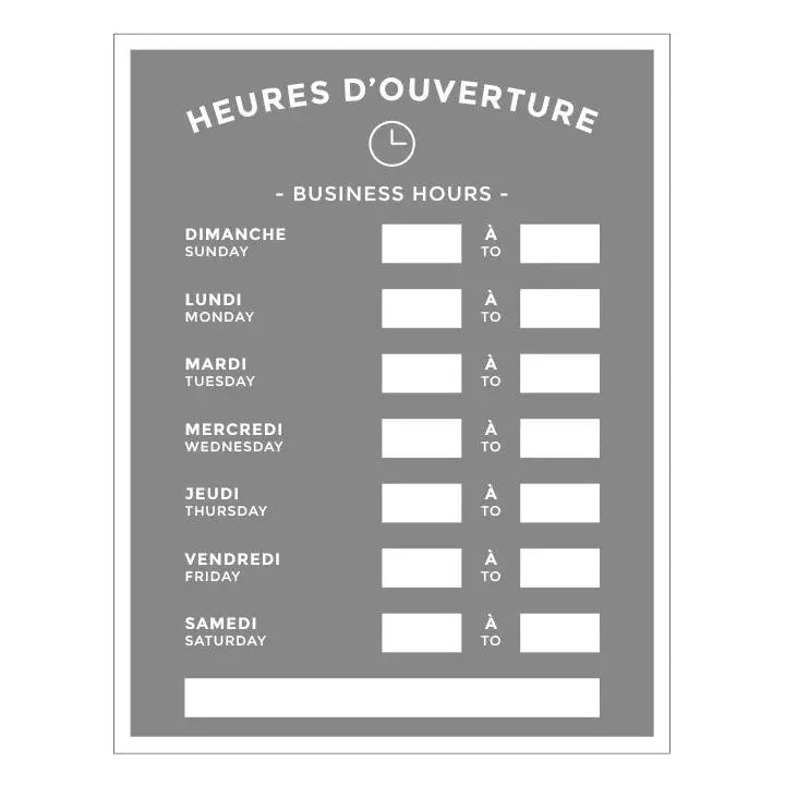 Affiche heure d'ouverture bilingue plastifiée S&P Le magasin des Commerçants