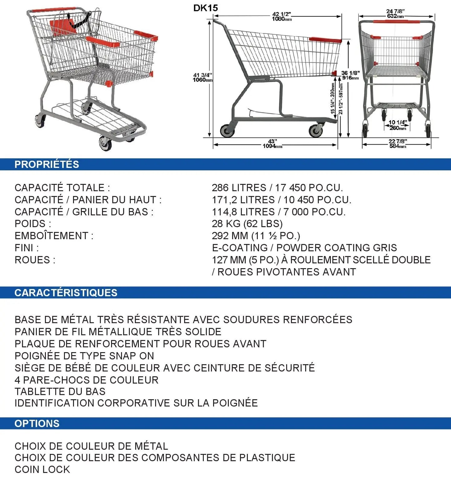Chariot d'épicerie gris 282 L - Robuste et Maniable | S&P S&P Le magasin des Commerçants