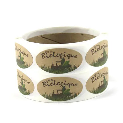 Étiquettes ovales, couleur sur papier kraft, avec inscription « Biologique », 1 ¾" x 1" (250)-S&P Le magasin des Commerçants