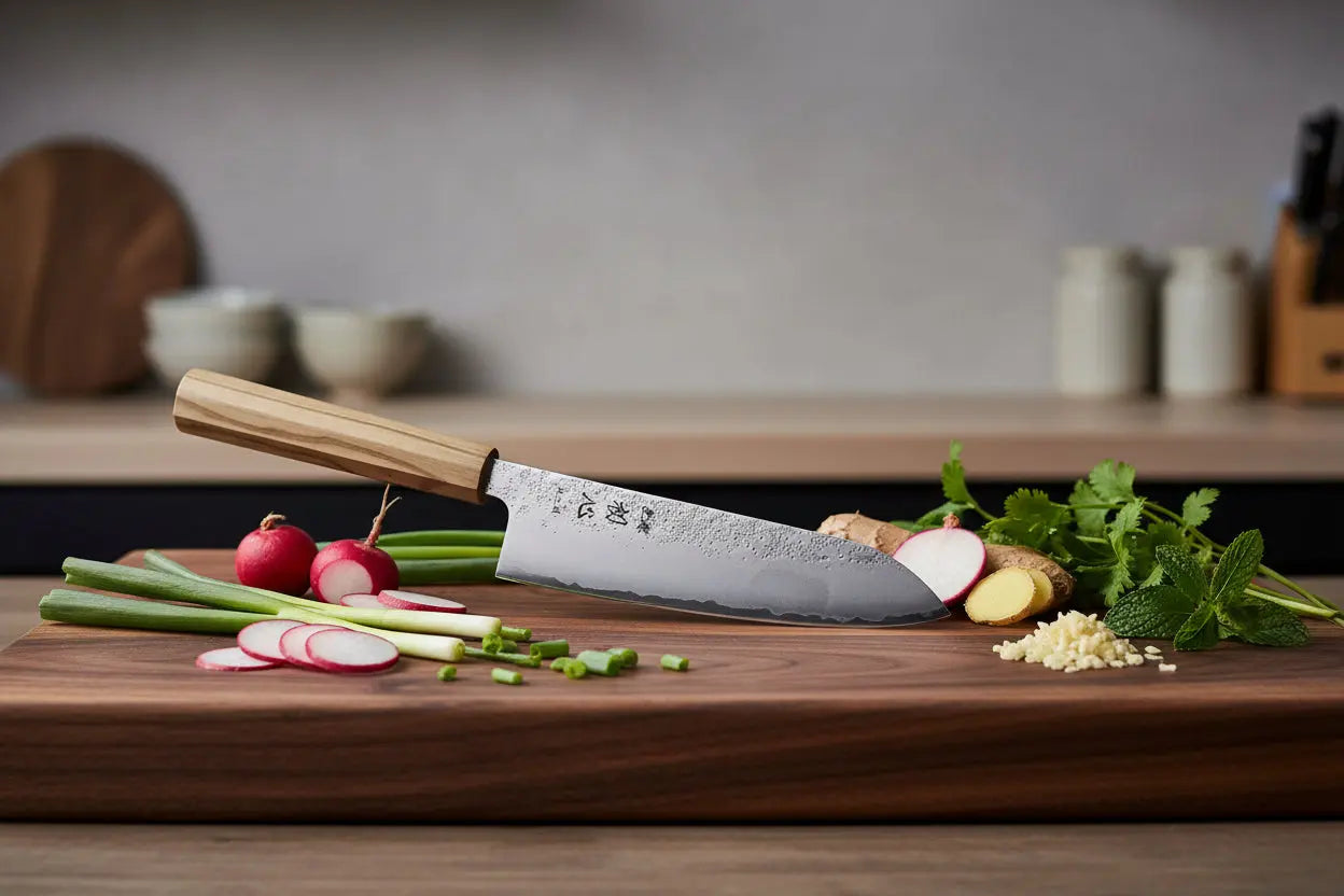 Ginrei Silver 3-Layer Nashiji Santoku Knife 170mm Olive Wood Handle Ginza Steel