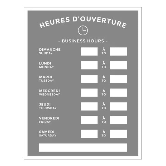 Affiche heure d'ouverture bilingue plastifiée S&P Le magasin des Commerçants