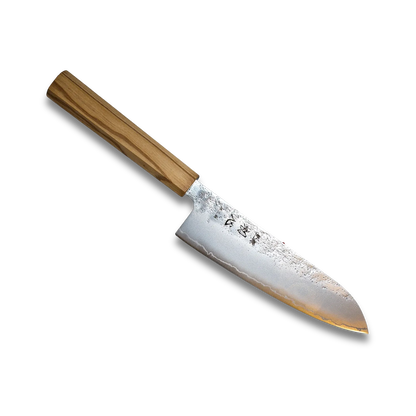 Ginrei Silver 3-Layer Nashiji Santoku Knife 170mm Olive Wood Handle Ginza Steel