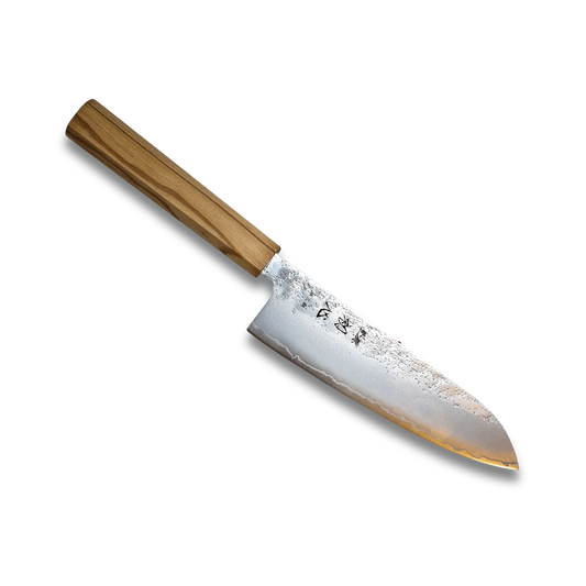 Ginrei Silver 3-Layer Nashiji Santoku Knife 170mm Olive Wood Handle Ginza Steel
