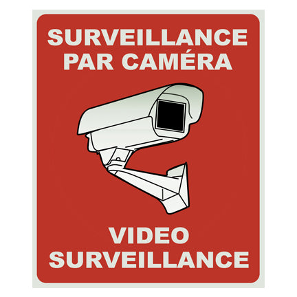 Red laminated poster, with “Camera surveillance” inscription, 5" x 6"